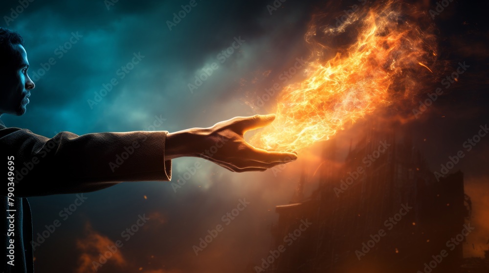 Poster conceptual image of a hand with fiery power. generative ai