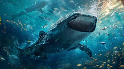 Whale shark encounter: A majestic whale shark glides through the ocean, its enormous size dwarfing the surrounding marine life.