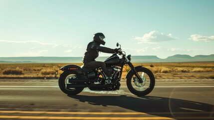 Biker Cruising on a Highway with Mountain Views. Generative ai