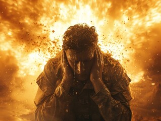 A man bravely stands in front of a raging fire, covering his head during a powerful explosion. - obrazy, fototapety, plakaty