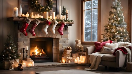 christmas stockings hung over a fireplace with a fireplace and stockings hanging from the fireplace.