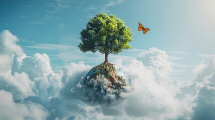 World environment day concept, Earth day, Earth and tree with butterfly on clouds