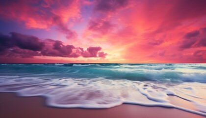 Obraz premium View of the beach waves is truly amazing and creates wisps of white foam on the shoreline, with stunning vibrant reflections of sunlight