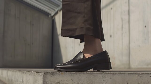 The loafers have a low stacked heel with a squared shape, providing stability and support while maintaining a sleek profile. The heel may feature a textured or metallic finish to enhance the shoe's