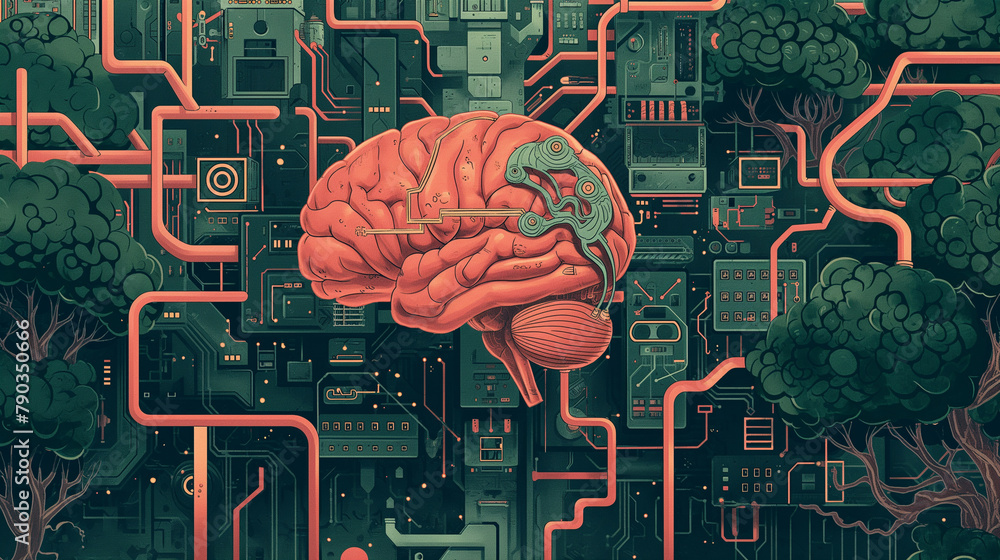 Poster a digital brain composed of circuits and connections, illustrating artificial intelligence's complex