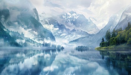 Serene mountain lake surrounded by misty peaks  - obrazy, fototapety, plakaty