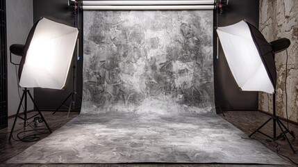 A photo studio with a gray background and two lights, AI