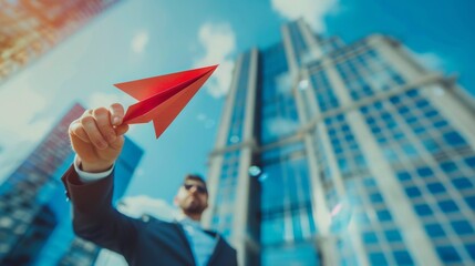 Business man in suit holding red paper airplane gesture to throwing with blurred image of building background and blue sky, Target on business concept. - Powered by Adobe