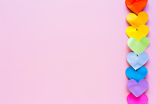 Top View of LGBT Pride Paper Hearts in Rainbow Colors
