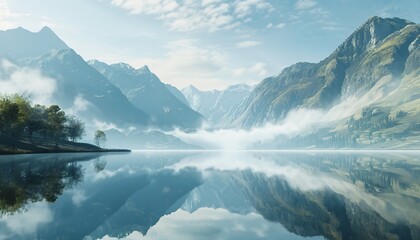Fototapeta na wymiar Serene mountain lake surrounded by misty peaks 