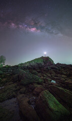 The Milky Way stretches across the night sky above a lighthouse perched on a rocky coastal outcrop,...