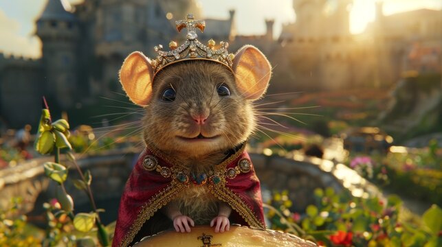 A tiny mouse wearing a majestic crown on top of its head, exuding an air of regality and grace.