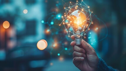 Businessman hand holding creative light bulb with industry network,analysis solution and development marketing network icons planning strategy, Modern business, Innovative of new ideas.