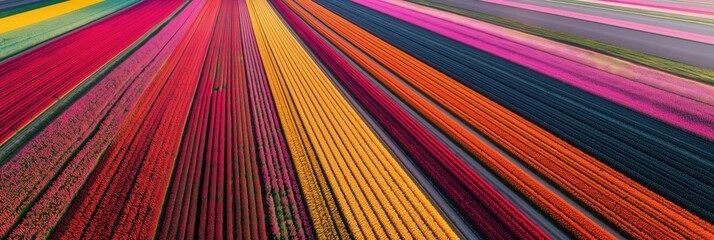 Aerial view on colorful rows of tulips growing on fields on Netherlands in Keukenhof long floral background