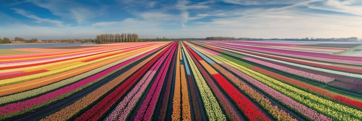 Aerial view on colorful rows of tulips growing on fields on Netherlands in Keukenhof long floral background