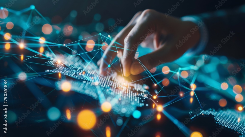 Aufkleber businessman hand touching on global network for business and technology transformation exchange data
