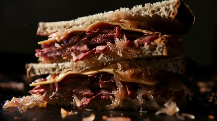 Sandwich with beef and cheese on a black background, close-up