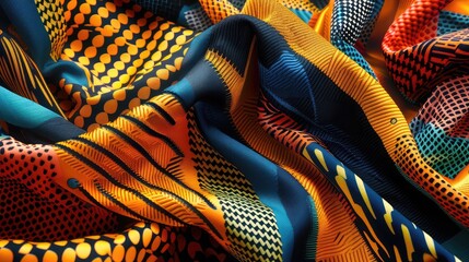 A series of striking textile patterns, with bold colors and geometric motifs that infuse fabrics with a sense of vibrancy and personality, transforming everyday objects into works of art.