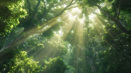 Canopy cathedral: Sunlight filters through the dense foliage of a towering forest canopy, illuminating a cathedral of greenery. - obrazy, fototapety, plakaty