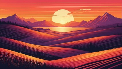 Abstract stripes sunset landscape background illustration.