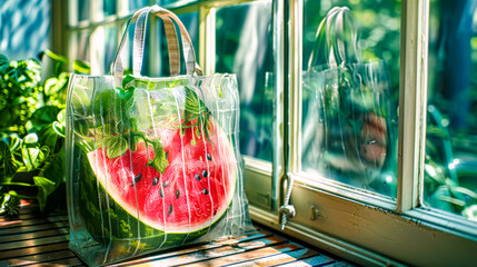 Watermelon bag sitting on window sill next to window. - Powered by Adobe