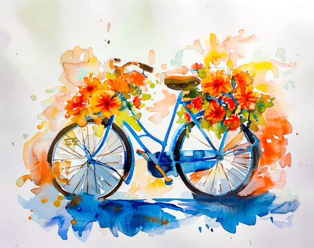 Watercolor painting of blue bicycle with flowers in the front basket.