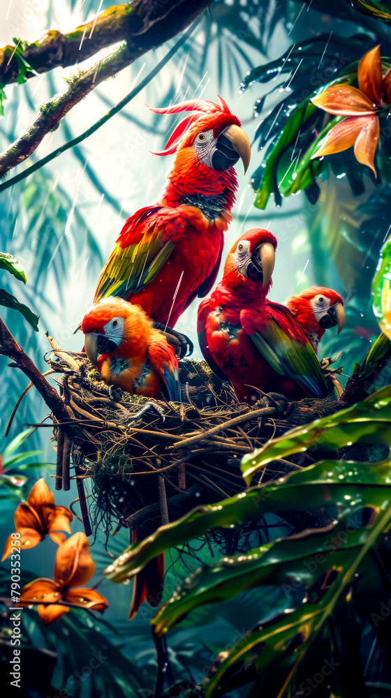 Poster group of colorful birds sitting on top of nest in tree.
