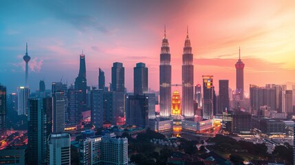 Fototapeta premium Cityscape of Kuala Lumpur Panorama at twilight. Panoramic image of skyscraper at Kuala Lumpur, Malaysia skyline at sunset.