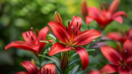 Fototapeta premium Beautiful red blooms flourish in garden