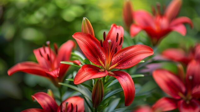 Beautiful red blooms flourish in garden