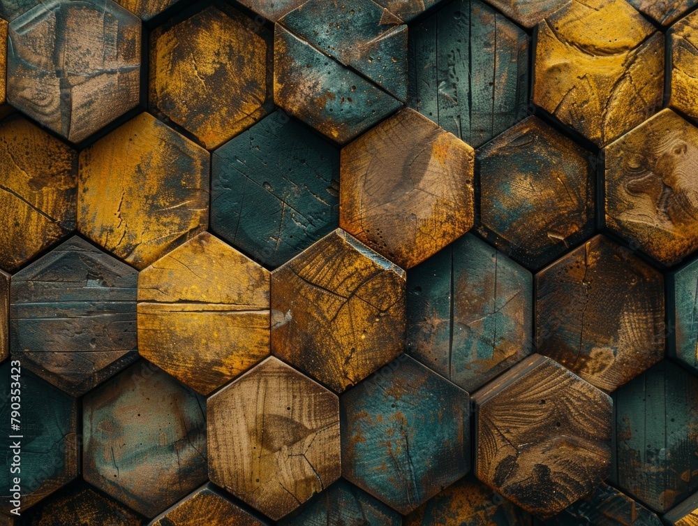 Poster a close up of various wooden blocks arranged in a honeycomb pattern, creating a captivating and arti