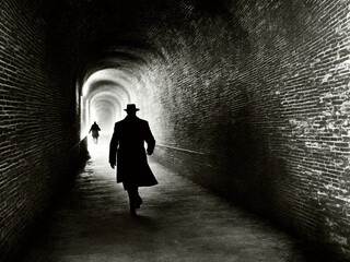 Man being pursued by another in a tunnel with a film noir 1940s cinematic effect.