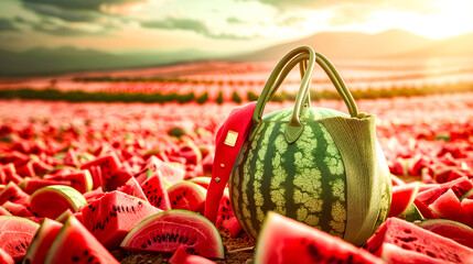 Watermelon bag sitting on top of field of watermelons.