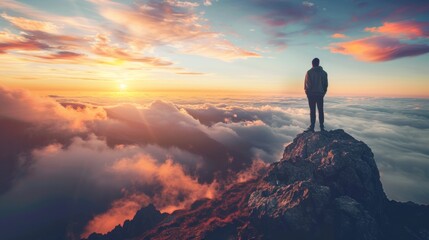 A man standing on top of a mountain looking out over the clouds, AI