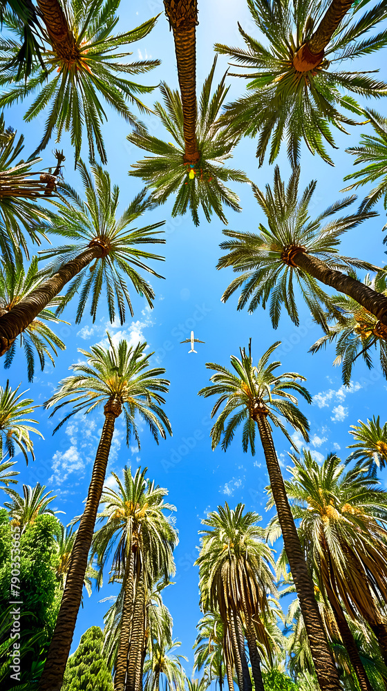 Poster group of palm trees with plane in the sky in the background.