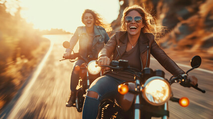 Euphoric women riding motorcycles on a scenic road, embodying the spirit of adventure and freedom, perfect for travel and lifestyle concepts.