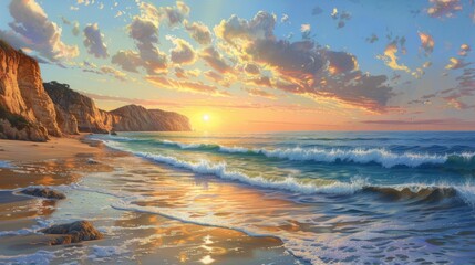 Obraz premium Coastal bliss: Gentle waves wash ashore on a sandy beach, framed by rugged cliffs and a picturesque sunset sky.