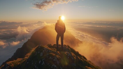 A man standing on top of a mountain with the sun shining down, AI - Powered by Adobe