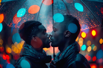 Romantic gay couple kissing under an umbrella at night. The image portrays love and intimacy within the LGBT community, perfect for diverse relationship narratives. - Powered by Adobe
