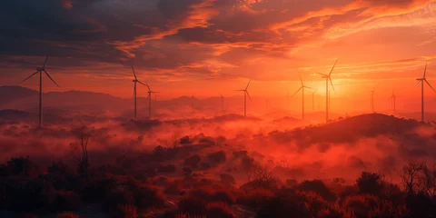 Fotobehang Windkraftanlagen Windrad Turbinen mit schönen Sonnenuntergang, ai generativ © www.freund-foto.de
