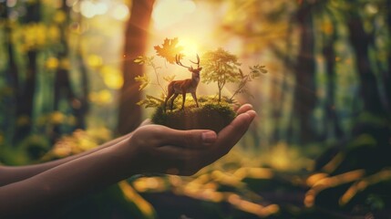 Concept Nature reserve conserve Wildlife reserve tiger Deer Global warming Food Loaf Ecology Human hands protecting the wild and wild animals tigers deer, - obrazy, fototapety, plakaty