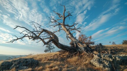 Concept of climate changing. Half dead and alive tree outdoors