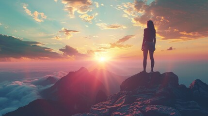 A woman standing on top of a mountain looking at the sunset, AI