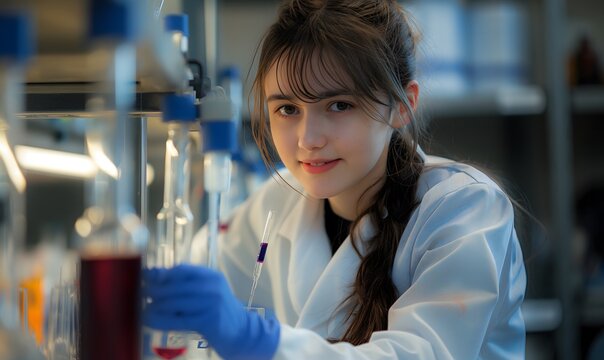 junges M&auml;dchen, Studentin Wissenschaft, Naturwissenschaften, Chemikantin, arbeitet im Labor, Konzept Ausbildung und Studium