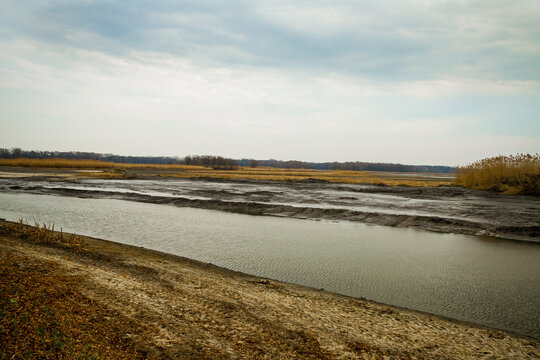 Dried bottom of a lake with mud