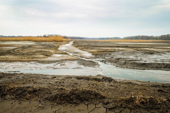 Dried bottom of a lake with mud