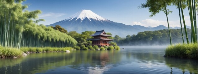 Bamboo, tranquil lake, Mount Fuji backdrop. - obrazy, fototapety, plakaty
