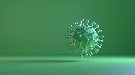 Abstract scene of the covid-19 virus floating on a green background in an impactful and symbolic image. Iconic spherical structure with spike projections with details on a green background.