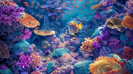 Coral reef paradise: Vibrant coral reefs teem with life as tropical fish of all shapes and sizes dart among the intricately patterned corals. - obrazy, fototapety, plakaty