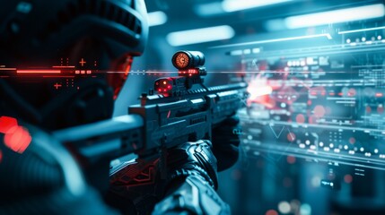 A man in a black suit is holding a gun and looking at a computer screen